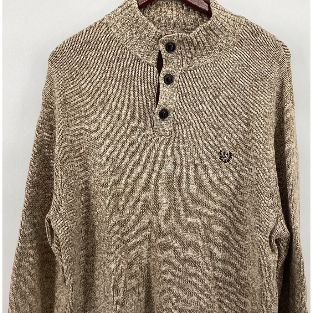 Chaps 1/4-Button Sweater Men's L Light Brown Elbow Patches Embroidered Logo
